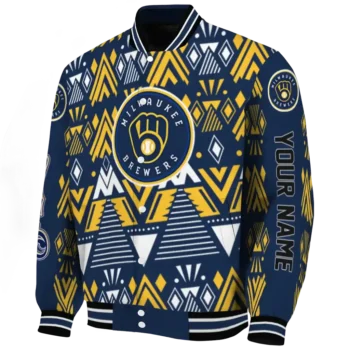 personalized milwaukee brewers pyramid shapes navy blue varsity jacket best selling