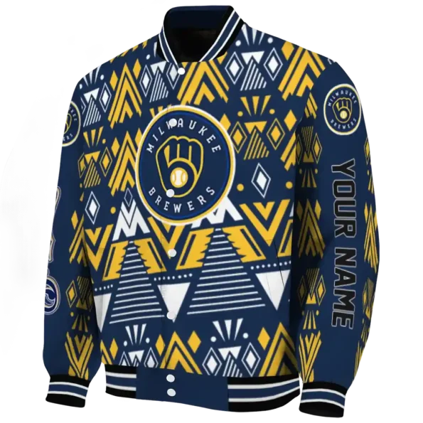 personalized milwaukee brewers pyramid shapes navy blue varsity jacket best selling