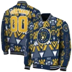 personalized milwaukee brewers pyramid shapes navy blue varsity jacket best selling