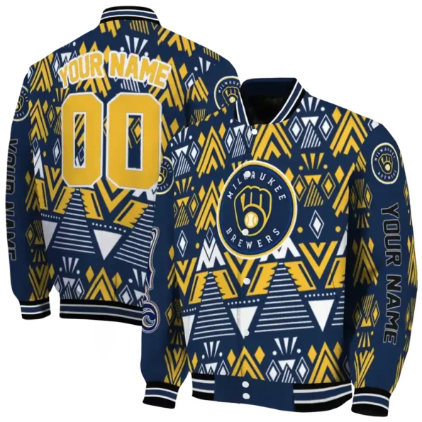 personalized milwaukee brewers pyramid shapes navy blue varsity jacket fashion forward