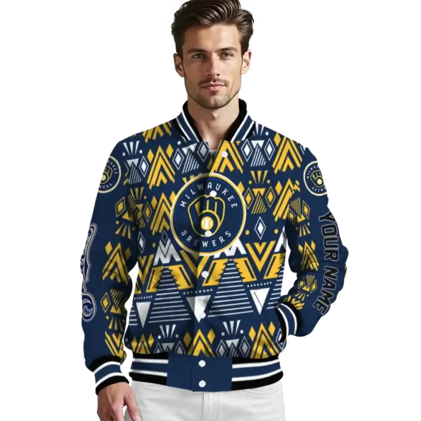 personalized milwaukee brewers pyramid shapes navy blue varsity jacket high quality