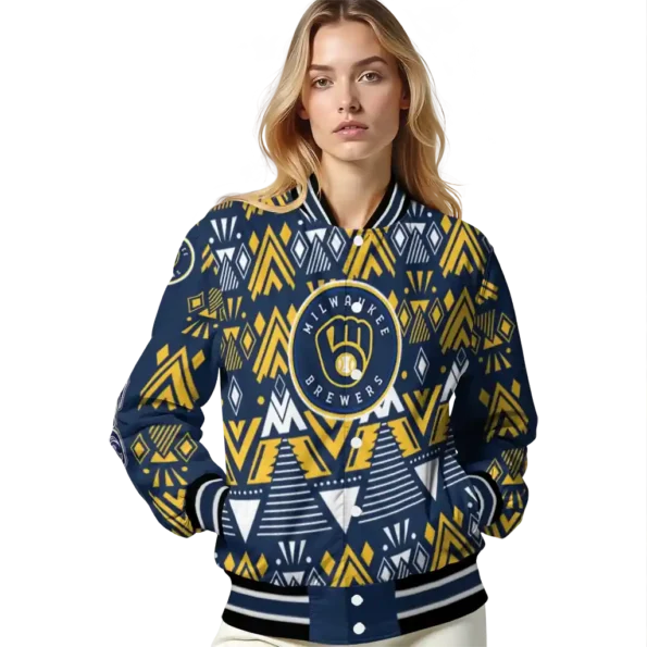 personalized milwaukee brewers pyramid shapes navy blue varsity jacket latest model