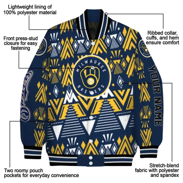 personalized milwaukee brewers pyramid shapes navy blue varsity jacket new arrival