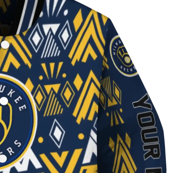 personalized milwaukee brewers pyramid shapes navy blue varsity jacket premium grade