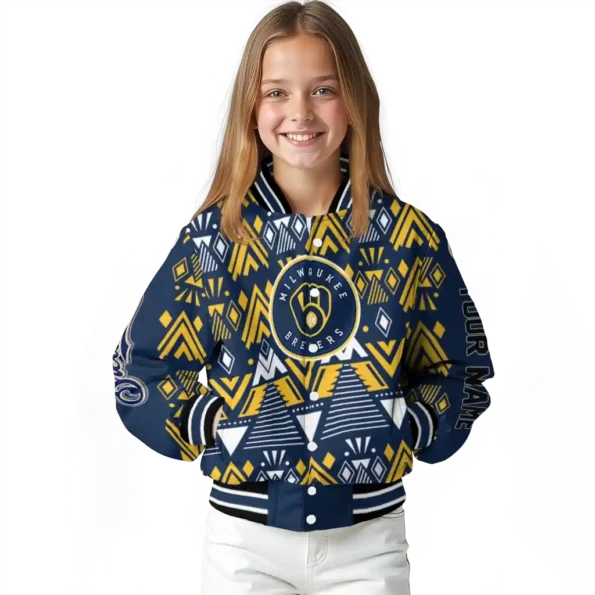 personalized milwaukee brewers pyramid shapes navy blue varsity jacket top rated