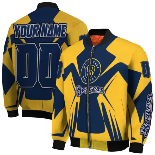 personalized milwaukee brewers spider mark navy blue gold crocs bomber jacket fashion forward