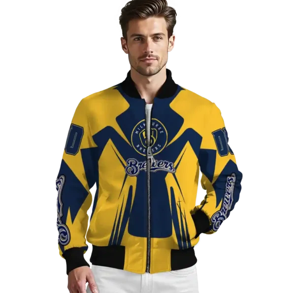 personalized milwaukee brewers spider mark navy blue gold crocs bomber jacket high quality