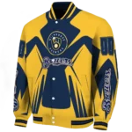 personalized milwaukee brewers spider mark navy blue gold crocs varsity jacket best selling