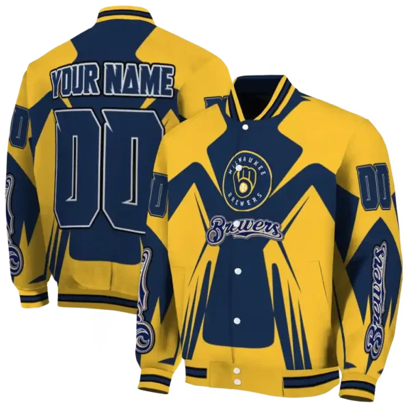 personalized milwaukee brewers spider mark navy blue gold crocs varsity jacket fashion forward