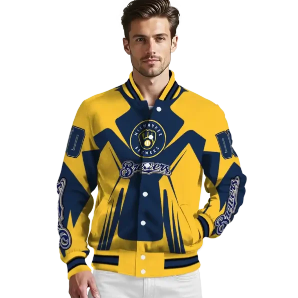 personalized milwaukee brewers spider mark navy blue gold crocs varsity jacket high quality
