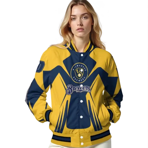 personalized milwaukee brewers spider mark navy blue gold crocs varsity jacket latest model