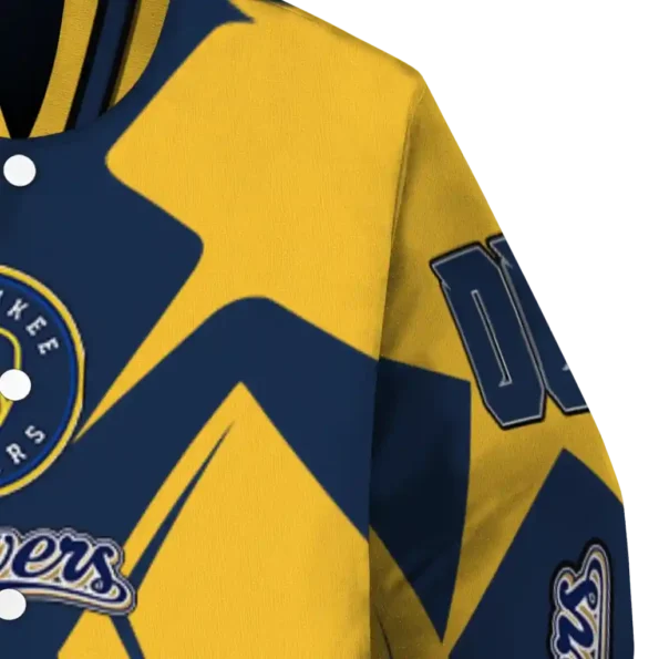 personalized milwaukee brewers spider mark navy blue gold crocs varsity jacket premium grade