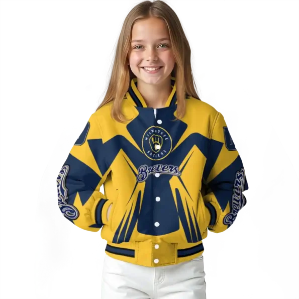 personalized milwaukee brewers spider mark navy blue gold crocs varsity jacket top rated