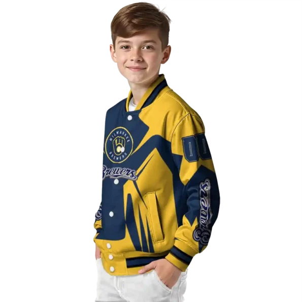 personalized milwaukee brewers spider mark navy blue gold crocs varsity jacket trendy