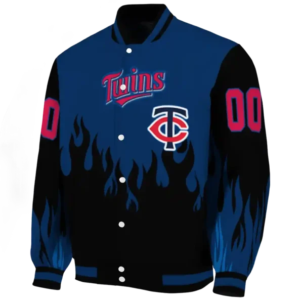 personalized minnesota twins flame border navy black varsity jacket best selling