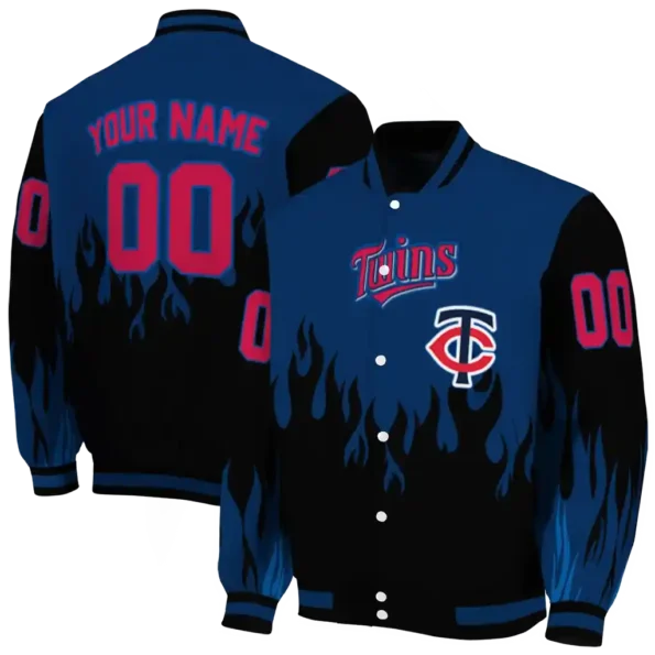 personalized minnesota twins flame border navy black varsity jacket fashion forward