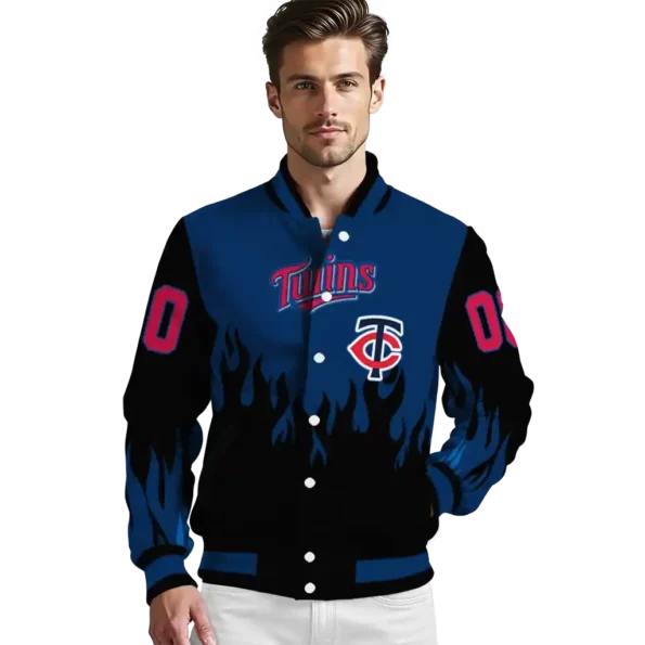 personalized minnesota twins flame border navy black varsity jacket high quality
