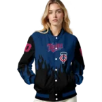personalized minnesota twins flame border navy black varsity jacket best selling