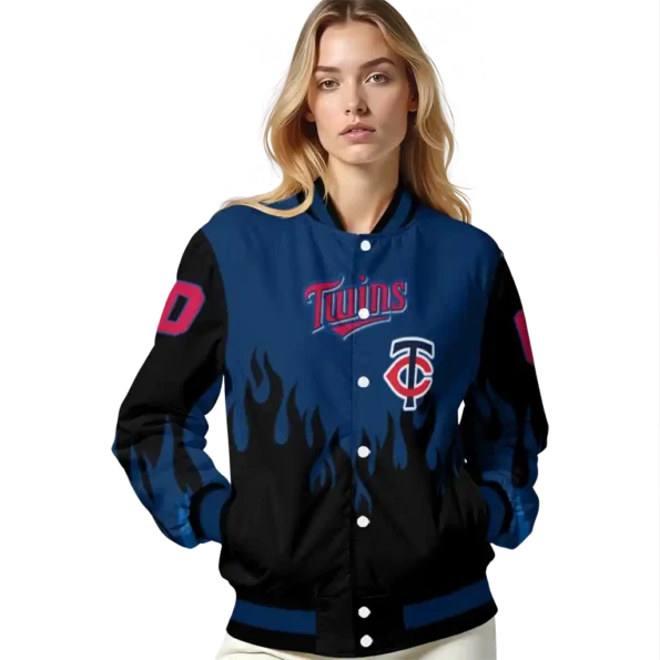 personalized minnesota twins flame border navy black varsity jacket latest model