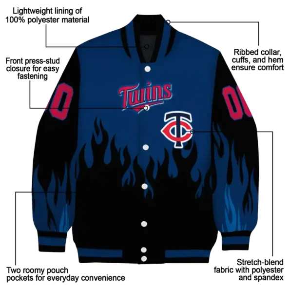 personalized minnesota twins flame border navy black varsity jacket new arrival