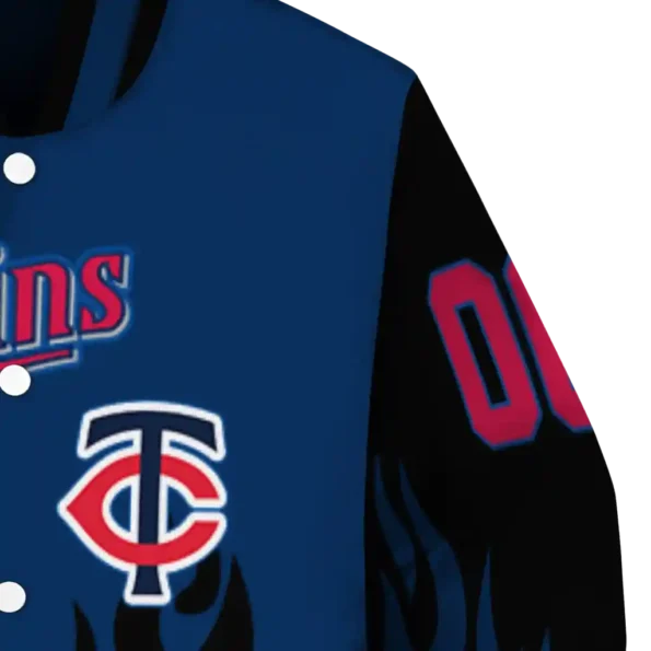 personalized minnesota twins flame border navy black varsity jacket premium grade