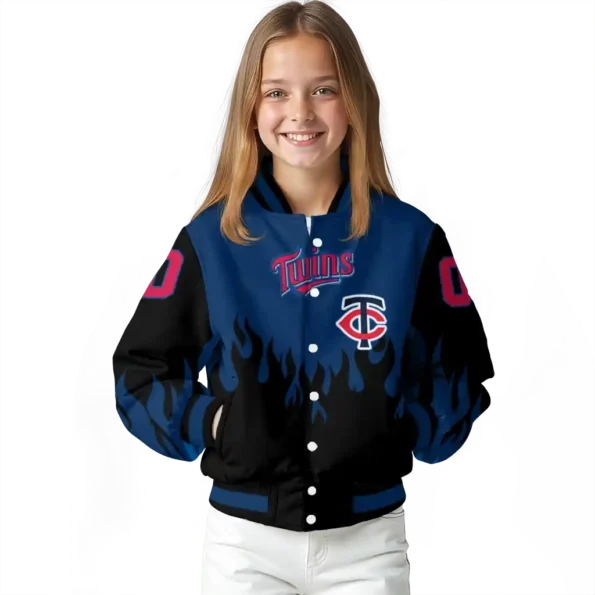 personalized minnesota twins flame border navy black varsity jacket top rated