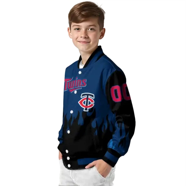 personalized minnesota twins flame border navy black varsity jacket trendy