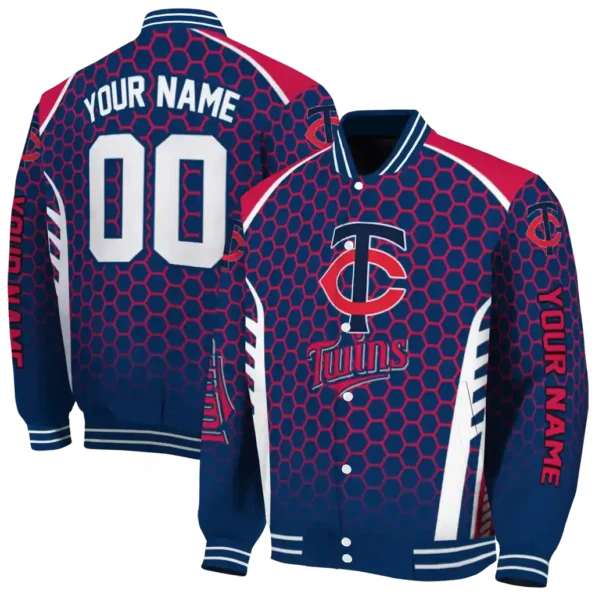 personalized minnesota twins hexagon grid navy varsity jacket fashion forward