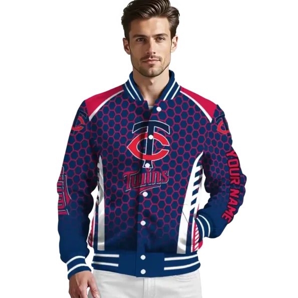 personalized minnesota twins hexagon grid navy varsity jacket high quality