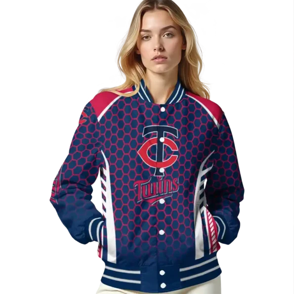 personalized minnesota twins hexagon grid navy varsity jacket latest model
