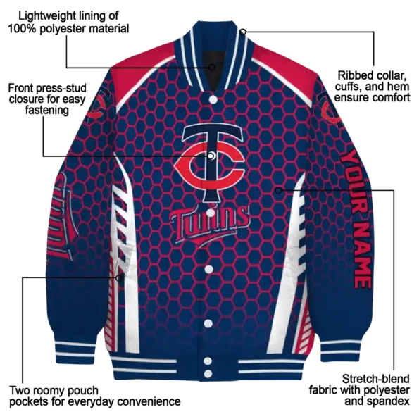 personalized minnesota twins hexagon grid navy varsity jacket new arrival