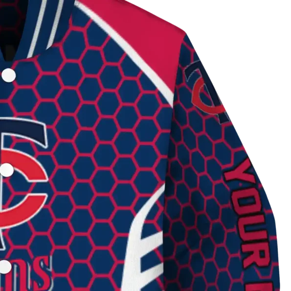 personalized minnesota twins hexagon grid navy varsity jacket premium grade
