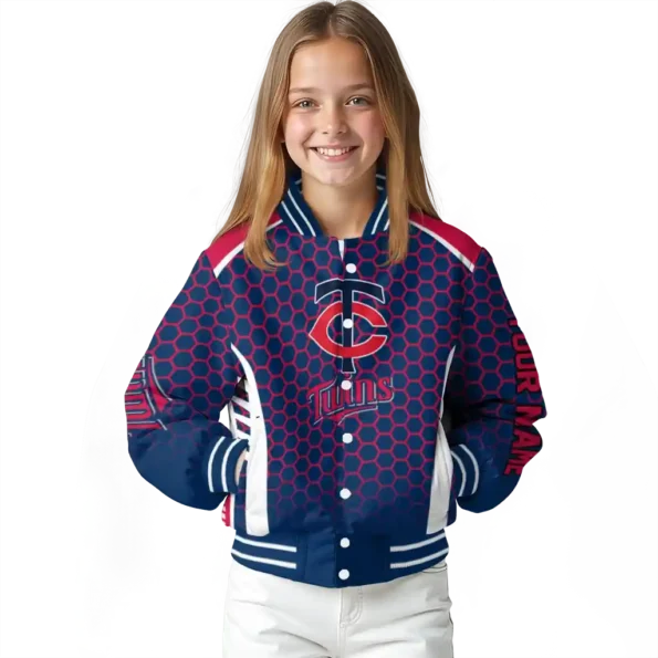 personalized minnesota twins hexagon grid navy varsity jacket top rated