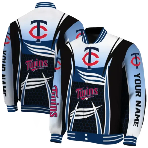 personalized minnesota twins mesh effect navy black varsity jacket fashion forward