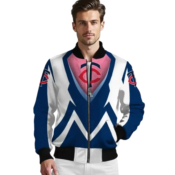 personalized minnesota twins v stripes navy white bomber jacket high quality
