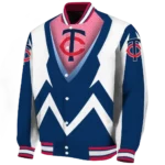 personalized minnesota twins v stripes navy white varsity jacket best selling