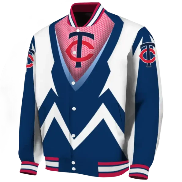 personalized minnesota twins v stripes navy white varsity jacket best selling