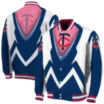 personalized minnesota twins v stripes navy white varsity jacket best selling
