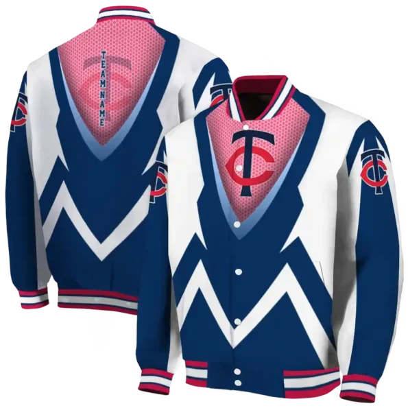 personalized minnesota twins v stripes navy white varsity jacket fashion forward