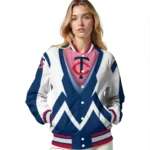 personalized minnesota twins v stripes navy white varsity jacket best selling