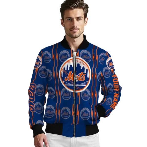 personalized new york mets bolt stripe blue bomber jacket high quality