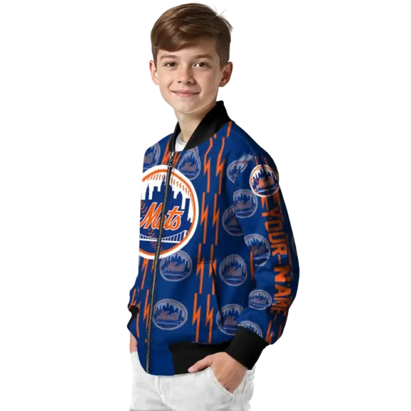 personalized new york mets bolt stripe blue bomber jacket trendy