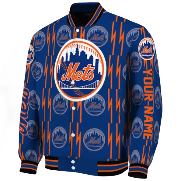 personalized new york mets bolt stripe blue varsity jacket best selling