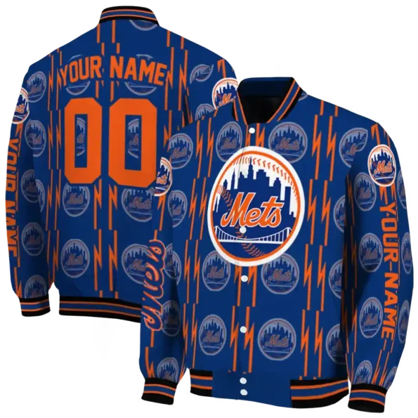 personalized new york mets bolt stripe blue varsity jacket fashion forward