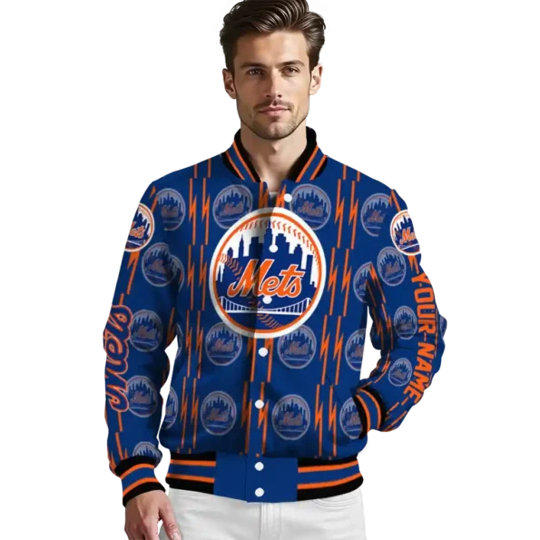 personalized new york mets bolt stripe blue varsity jacket high quality