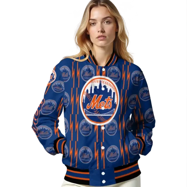 personalized new york mets bolt stripe blue varsity jacket latest model