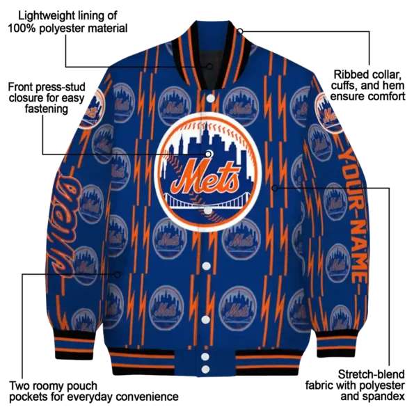 personalized new york mets bolt stripe blue varsity jacket new arrival