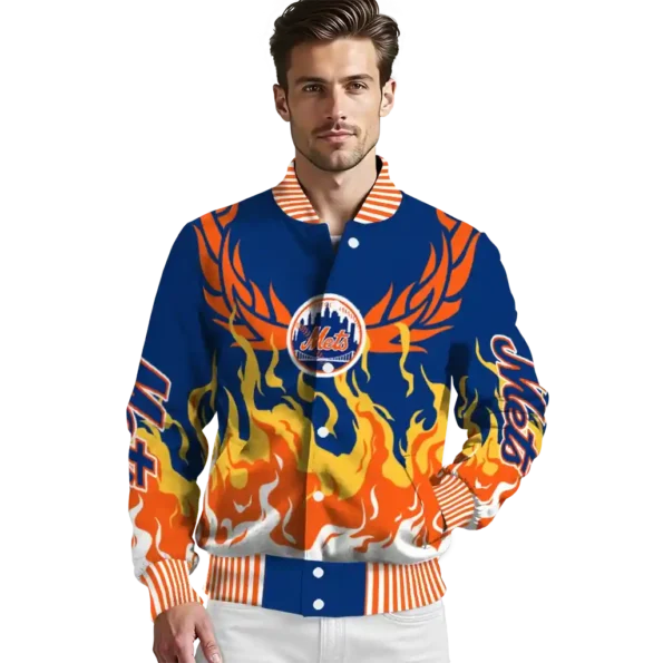 personalized new york mets winged blaze blue white varsity jacket high quality