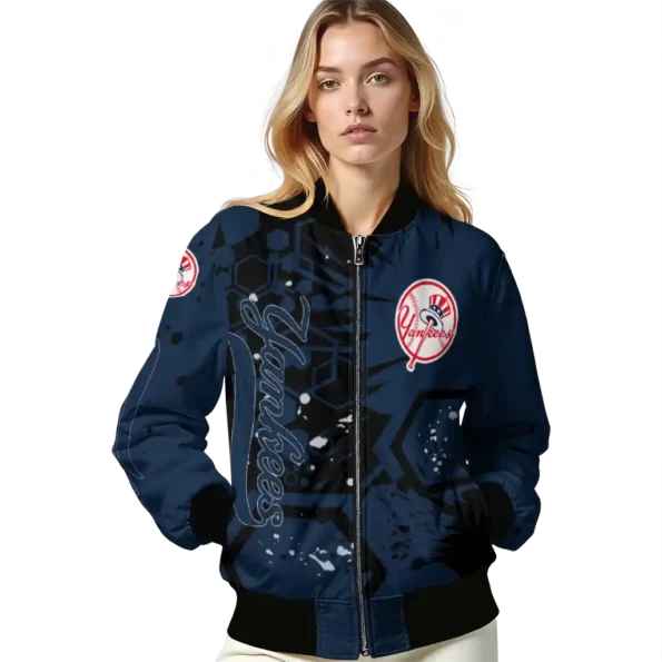 personalized new york yankees hexagon cluster navy black bomber jacket latest model