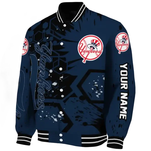 personalized new york yankees hexagon cluster navy black varsity jacket best selling